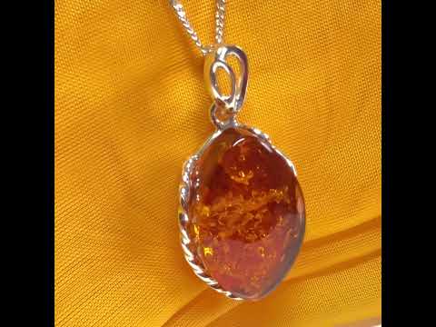 Real large amber necklace marquise shaped pendant sterling silver