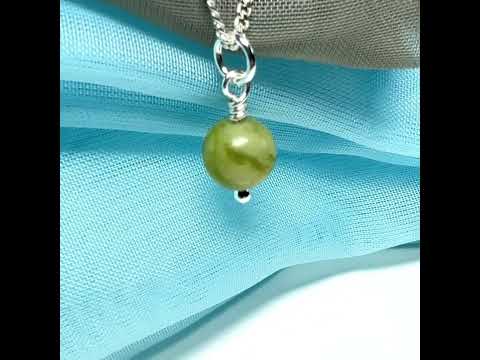 Small round real green gypsum necklace ball shaped pendant with chain 8.5 mm diameter size