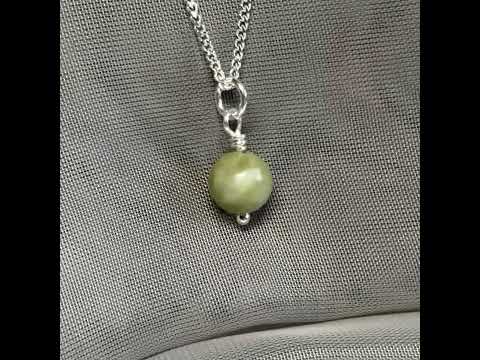 Small real green gypsum round necklace ball shape pendant with chain measuring 8.5 mm in diameter