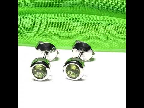 Pair of real green peridot earrings round white gold stud smooth rubbed over setting