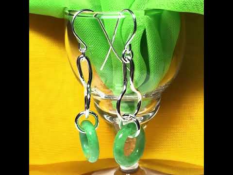 Real green jade sterling silver looped dangling dropped earrings, round in shape