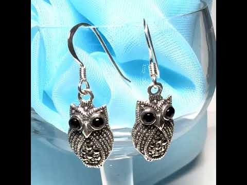 Video of Owl shaped drop earrings with real black agate and real marcasite sparkling dangle