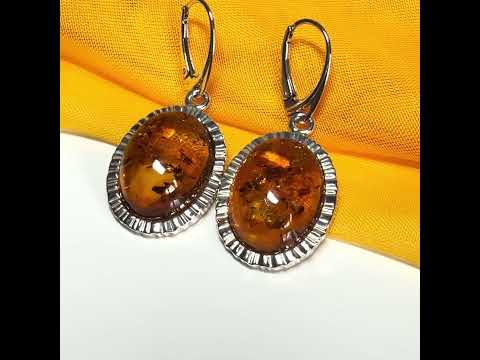 Pair of real amber drop earrings oval shaped sterling silver continental wire fastenings