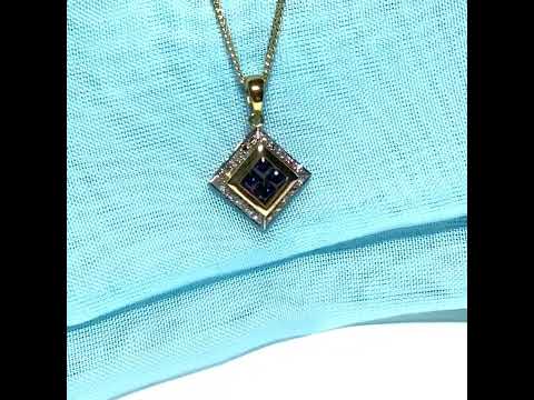 Yellow gold necklace real blue sapphire and diamond square shaped pendant