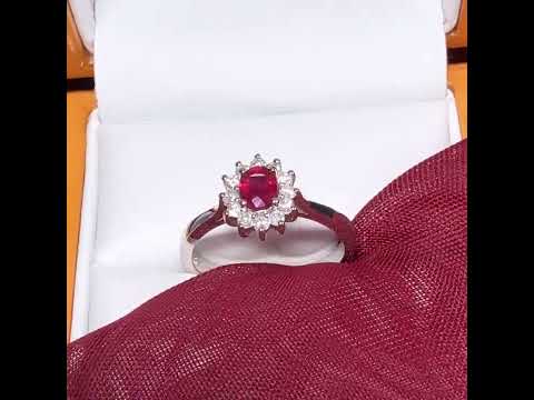 Oval Real Ruby Red and Diamond White Gold Cluster Ring