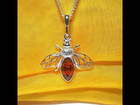 Sterling silver orange real amber bumble bee necklace pendant