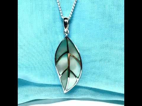 Real Mother of Pearl necklace light blue leaf shaped pendant