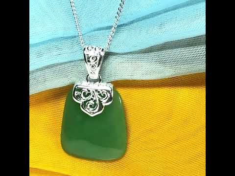 Stunning real jade necklace green sterling silver large cushion shaped, a really gorgeous designed pendant