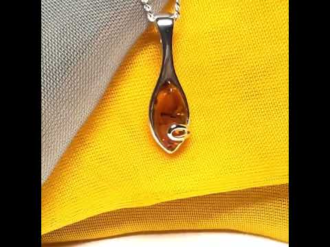 Sterling silver real amber marquise shape necklace swirl pendant with chain