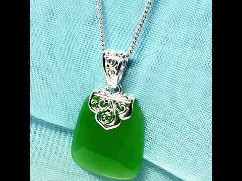 Real green jade stone, large cushion shaped pendant with solid chain and box included as well