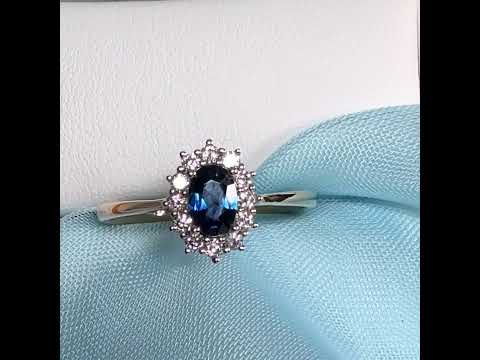 Oval Blue Real Sapphire and Diamond Yellow Gold Cluster Ring