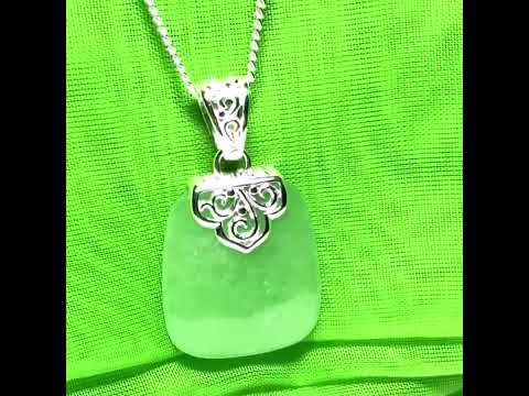 Real jade necklace green sterling silver large cushion shaped, a truly stunning pendant