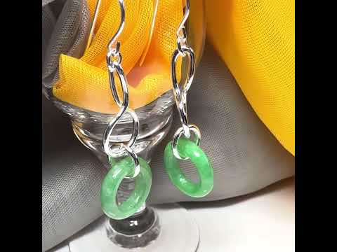 Real green jade sterling silver looped dangling dropped earrings, rounded shape