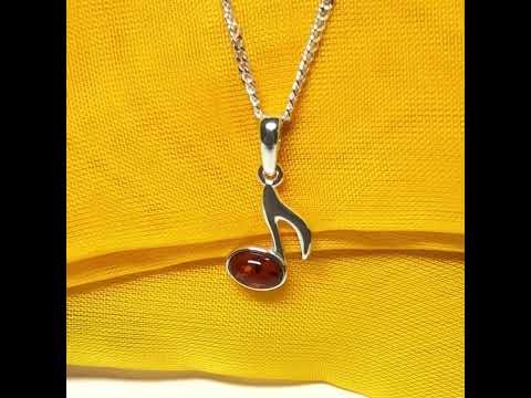 Musical note necklace orange real amber sterling silver pendant