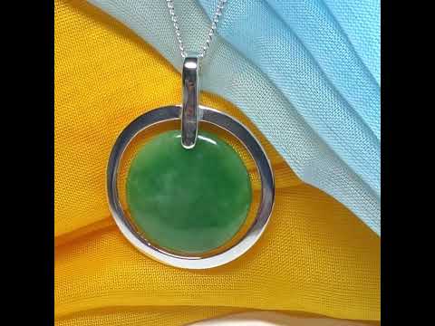 Large sterling silver round shaped green real jade necklace halo style, a stunning and timeless pendant design