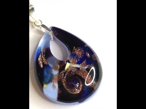 Video of a Real Murano Glass Necklace Tear Drop Shaped Blue And Golden Pendant Pink
