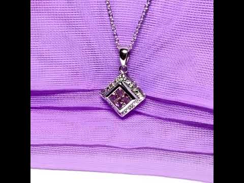 Video of a Square real pink sapphire and diamond pendant necklace white gold with a chain included