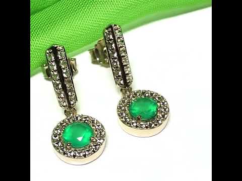 Round cluster round shaped dropped earrings with a real green agate stone sterling silver gilt