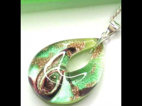 Video of a Green real Murano glass tear drop necklace pendant including a chain