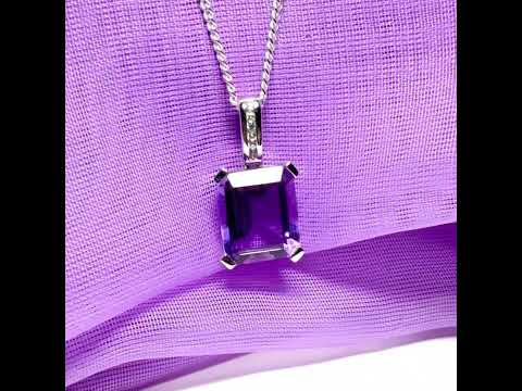Square shaped purple real amethyst necklace and cubic zirconia sterling silver pendant