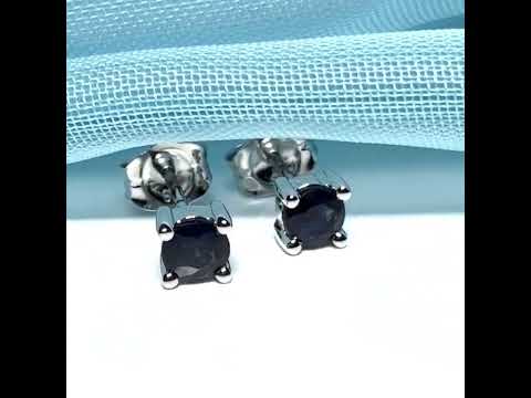 Real blue sapphire earrings round white gold stud claw set