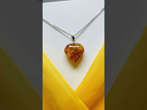 Heart shaped real amber pendant sterling silver necklace