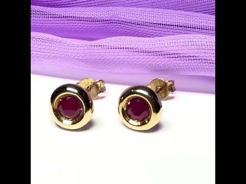 Video of Real Red Ruby Round Stud Earrings 9 carat Yellow Gold
