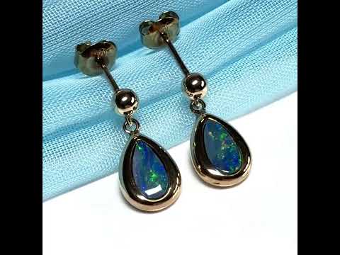 Australian dark blue real opal pear teardrop shaped yellow gold drop earrings