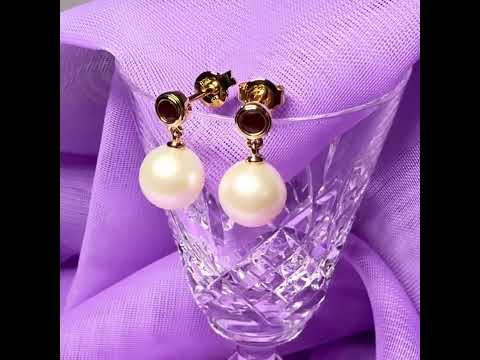 Real freshwater cultured pearl and real ruby round drop earrings sterling silver with yellow gold plating