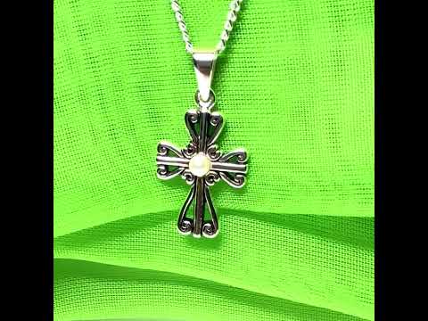 Video of a Sterling Silver Real freshwater Pearl Set Fancy Cross Including Chain