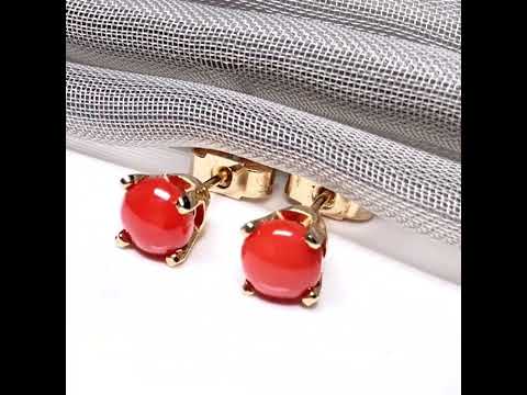A pair of real dark coral yellow gold round clawed set stud earrings, simply gorgeous