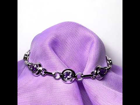 Real purple amethyst fancy round link sterling silver bracelet