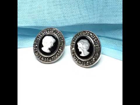 Oval Cameo stud earrings sterling silver black onyx and white Mother of Pearl