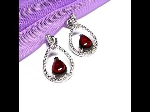Real garnet drop earrings and real cubic zirconia open pierced sterling silver