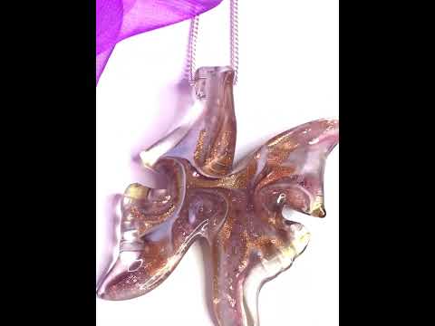Large real Murano glass butterfly shaped necklace pink coloured pendant sterling silver with chain