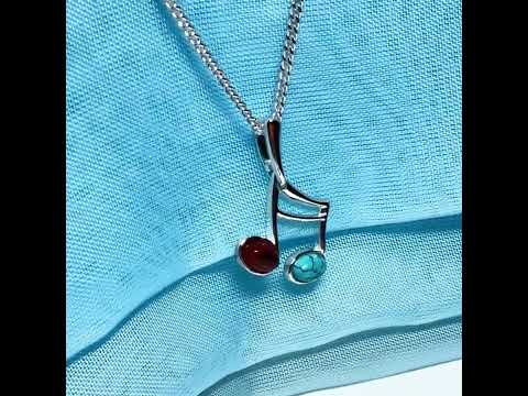 Musical note necklace real amber and turquoise sterling silver pendant