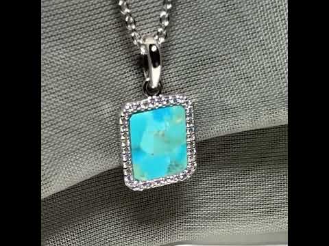 Video of a turquoise and cubic zirconia blue green square necklace sterling silver with chain with a chain