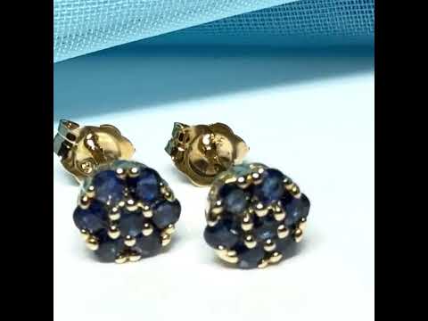 Blue real sapphire yellow gold daisy cluster round stud earrings