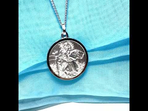 Sterling Silver Solid Large Double Sided St. Christopher Including Chain 24 mm diameter