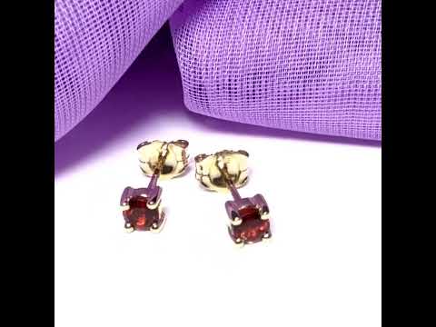 Real garnet earrings round yellow gold stud, simply beautiful