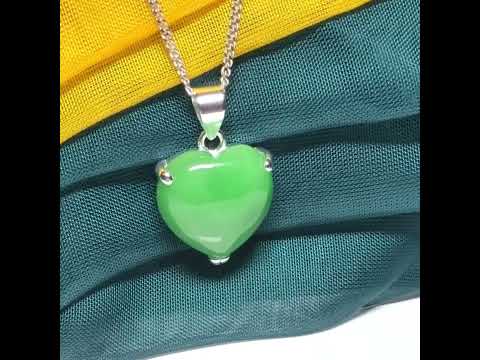 A real green jade pendant necklace heart shape sterling silver with chain too