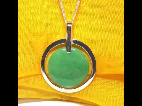 Large necklace sterling silver round shaped green real jade halo styled pendant curb with a chain included as well