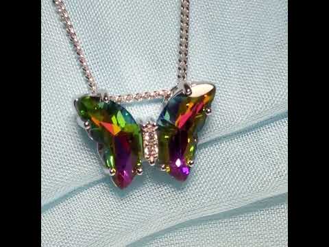 Video of a Purple multi coloured crystal glass necklace blue butterfly shape pendant sterling silver