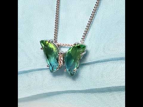 Video of a Blue green crystal glass necklace blue butterfly shape pendant sterling silver