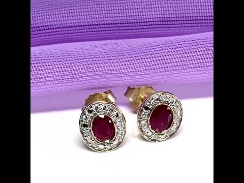 Real ruby and diamond oval shaped cluster stud earrings yellow gold