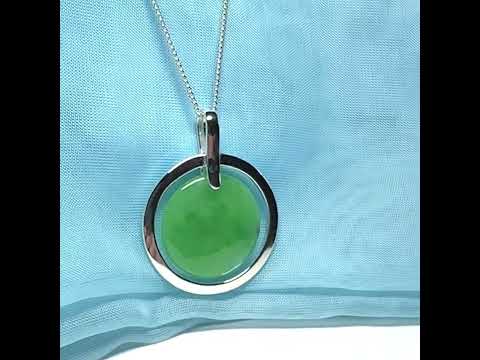 Large round necklace sterling silver green real jade halo styled pendant