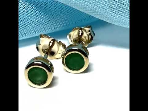Video of Real Green Emerald Stud Earrings 9ct Yellow Gold – Round Cut 4.5mm | May Birthstone Gift