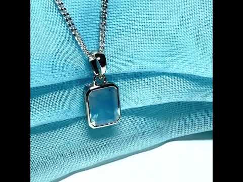 Video of a real aquamarine necklace sterling silver rectangle shaped pendant with chain