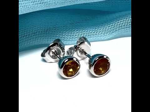 Real round citrine pair of earrings sterling silver yellow