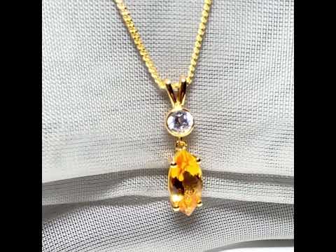 Necklace real yellow citrine and real cubic zirconia marquise and round sterling silver with yellow gold plating